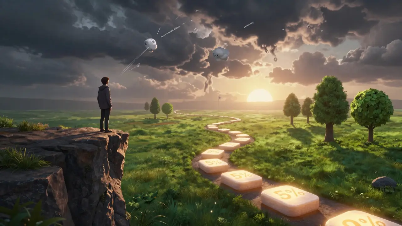 Person stepping along glowing pill stones down a path from anxiety to peace.