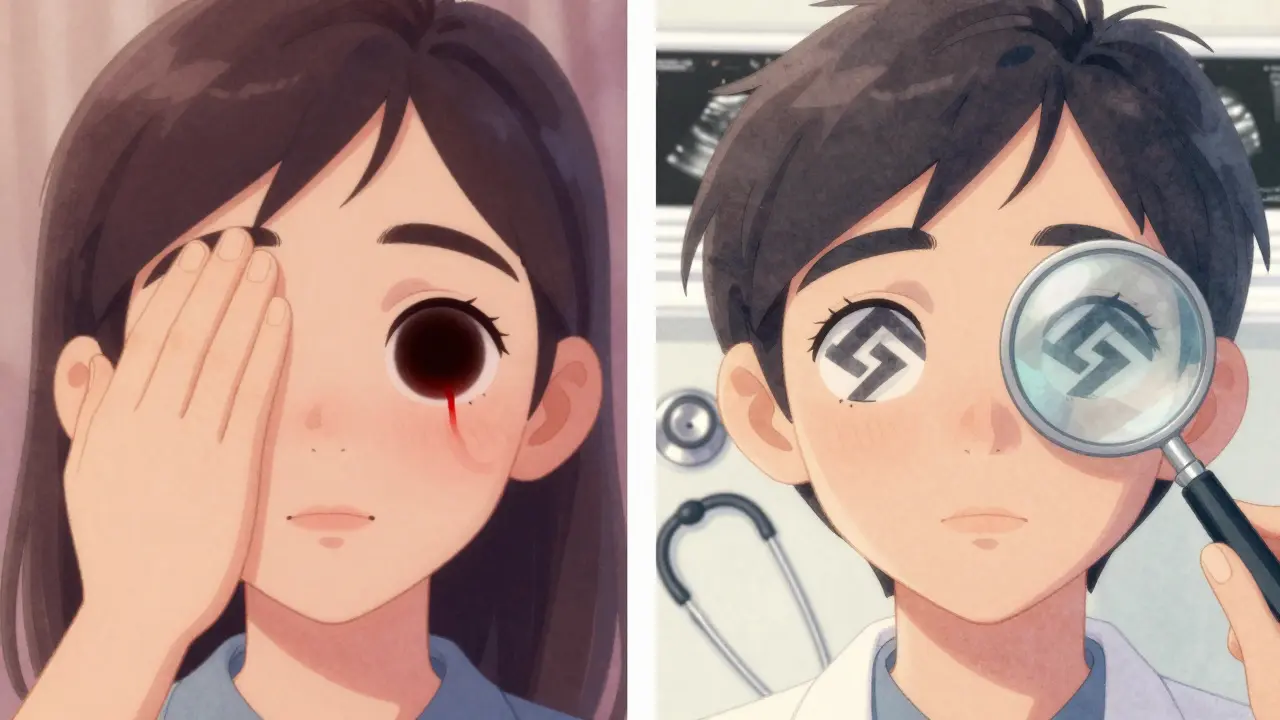 Side-by-side visual comparison of aura in both eyes versus vision loss in one eye.