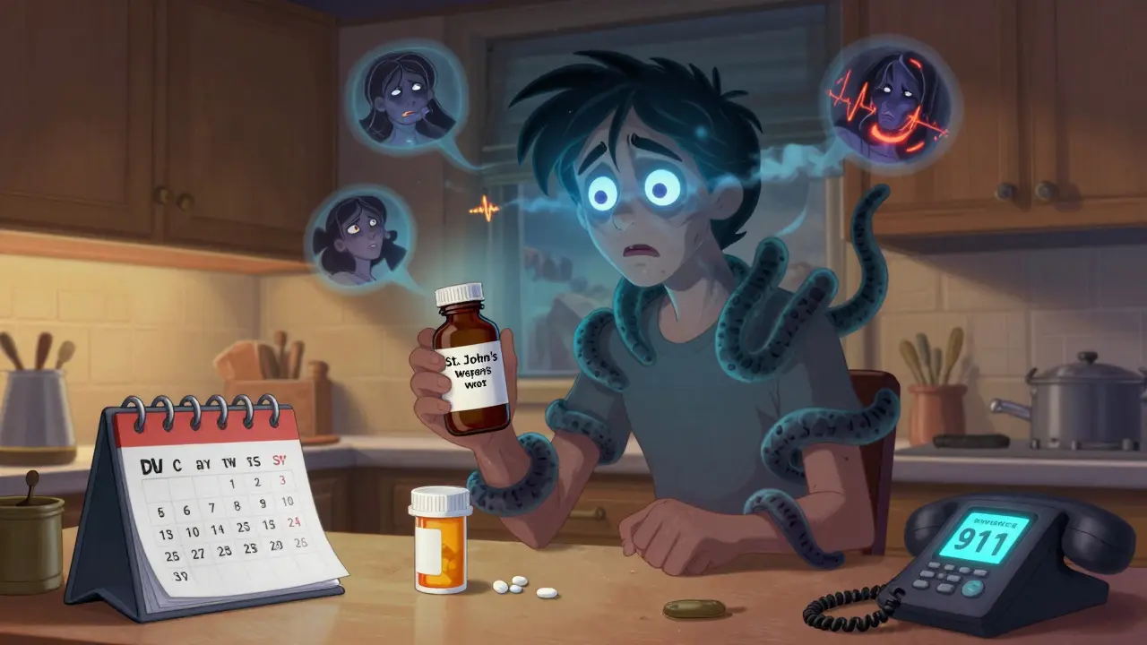 Someone frozen in their kitchen, surrounded by dangerous serotonin energy, realizing they’ve mixed risky medications.