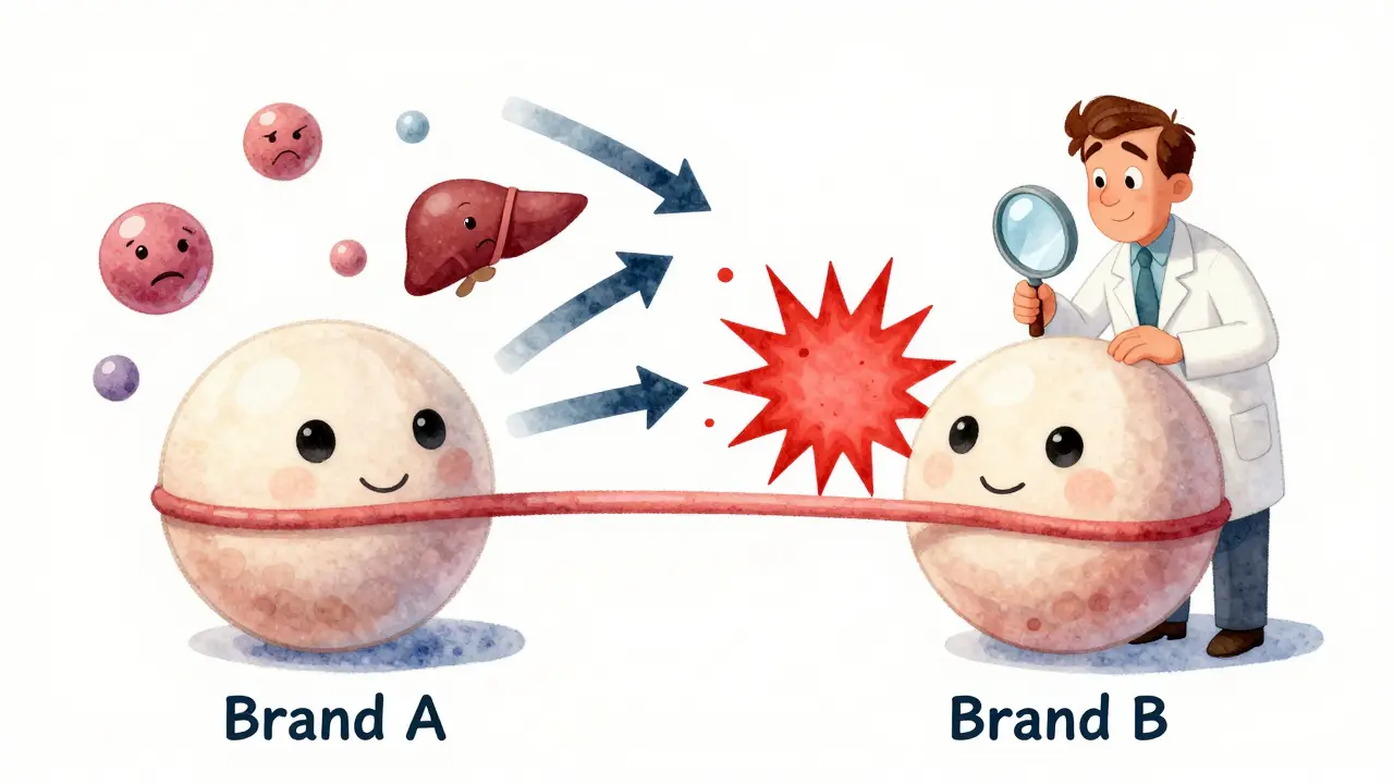Two generic phenytoin pills release different drug amounts into a bloodstream, one spiking dangerously as a doctor observes.