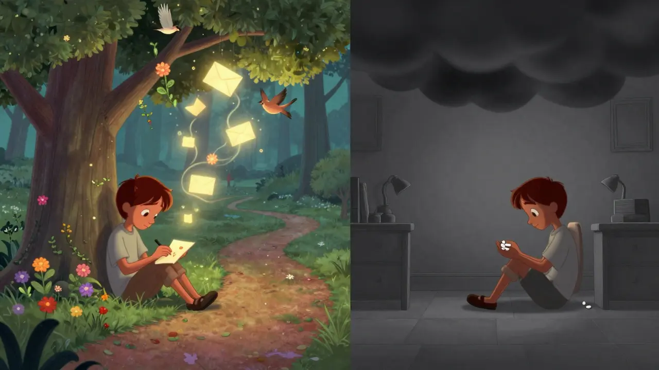 Two paths: one with glowing memories and flowers, the other with dark clouds and pills—showing grief vs. depression.