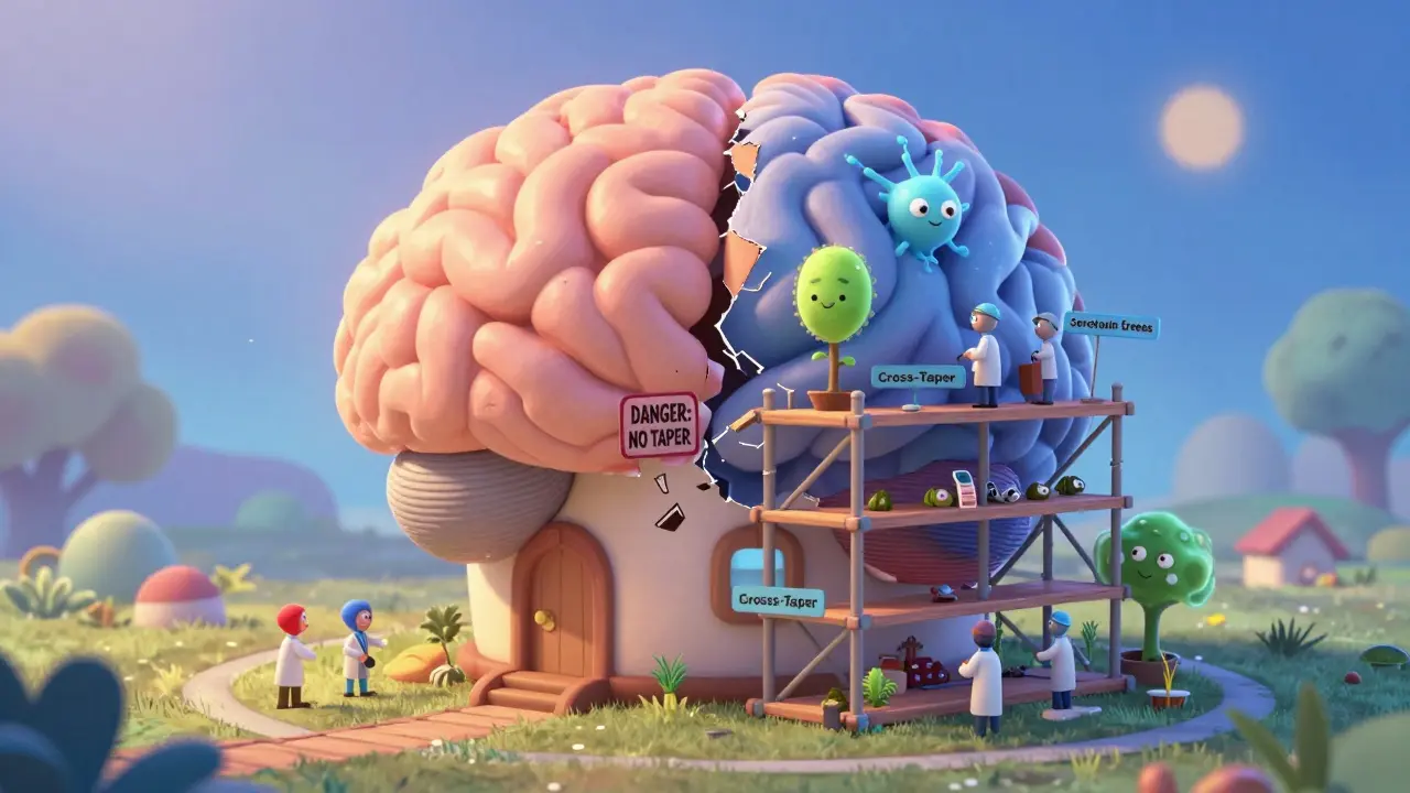 A cartoon brain-house being renovated with workers stabilizing neural pathways during a cross-taper medication switch.