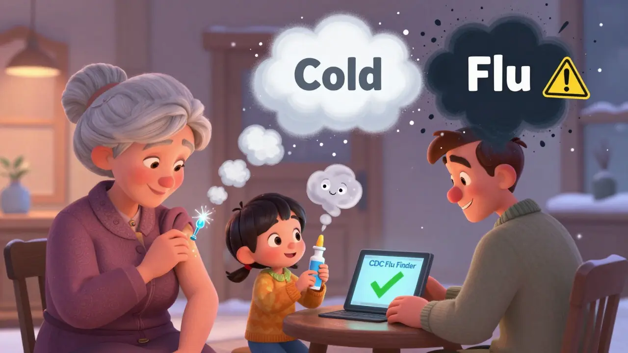 A family taking preventive health measures against flu and cold during winter, shown in Disney-style animation with symbolic clouds separating cold and flu paths.