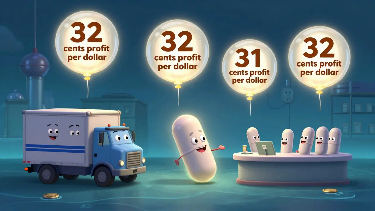 A generic pill's journey from factory to pharmacy with exaggerated profit increases at each step.