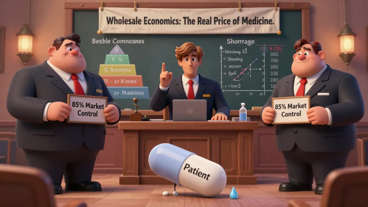 A generic pill on trial against powerful wholesalers in a whimsical courtroom setting.