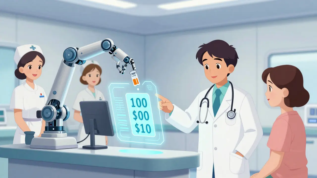 A Japanese doctor using a robotic dispenser to provide a low-cost generic drug, with a falling digital price tag.