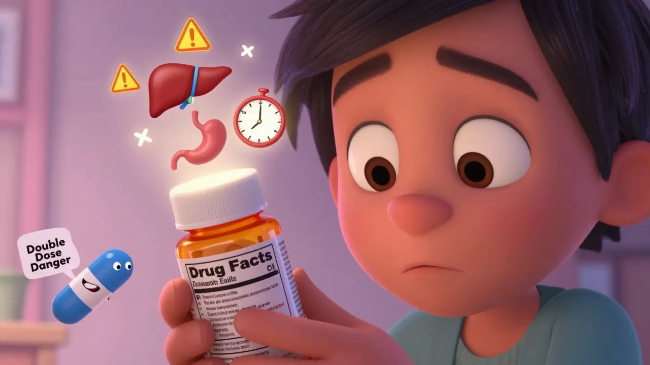 A person reading a Drug Facts label with animated warning icons floating above.