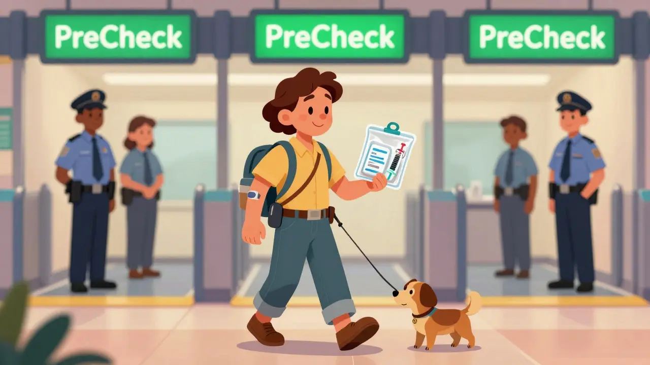 A person walks through TSA PreCheck with insulin supplies, wearing an insulin pump and holding a clear medical pouch.