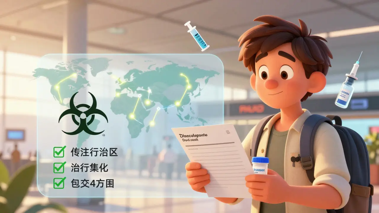 A traveler stands with medical documents beside a global map, symbolizing safe international travel with injectables.