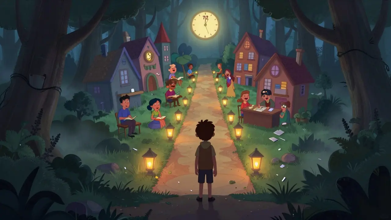 A young person walks from a dark forest of untreated psychosis toward a bright, hopeful town labeled 'CSC'.