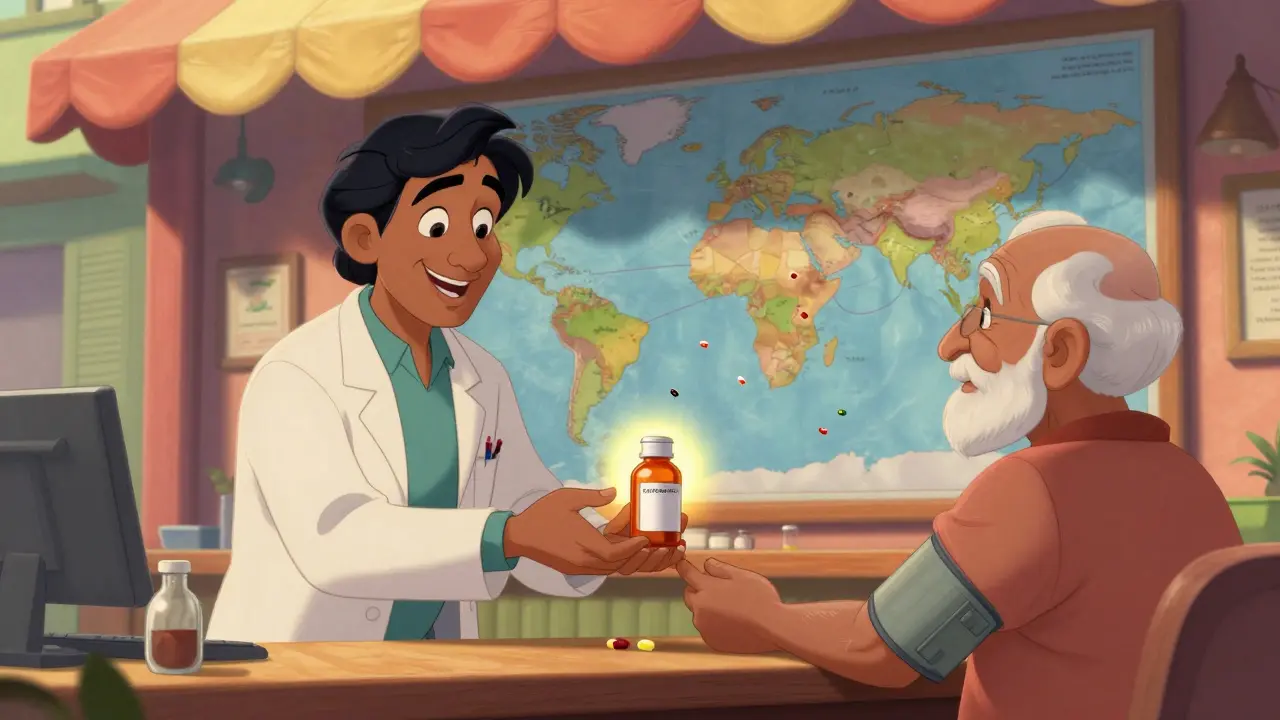 An Indian pharmacist giving a generic pill to an elderly patient, with a global supply chain map glowing behind them.