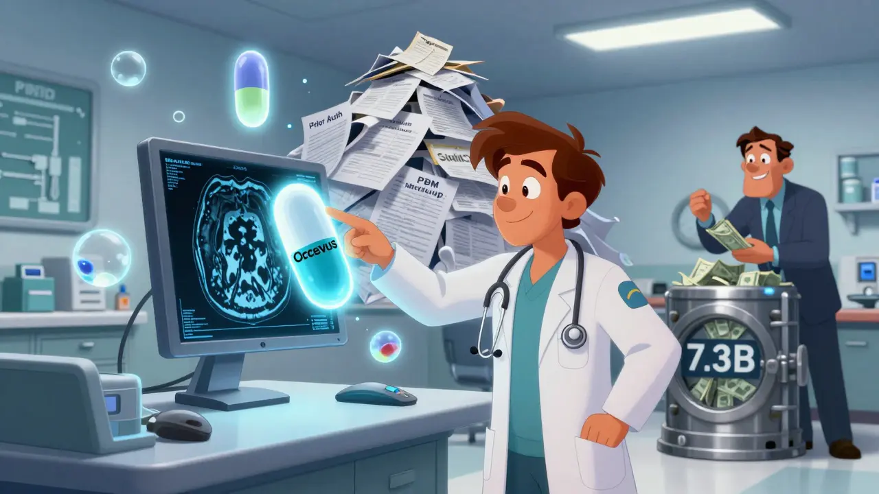 An oncologist points to a patient's MRI while chaotic paperwork and a PBM executive count money in the background.