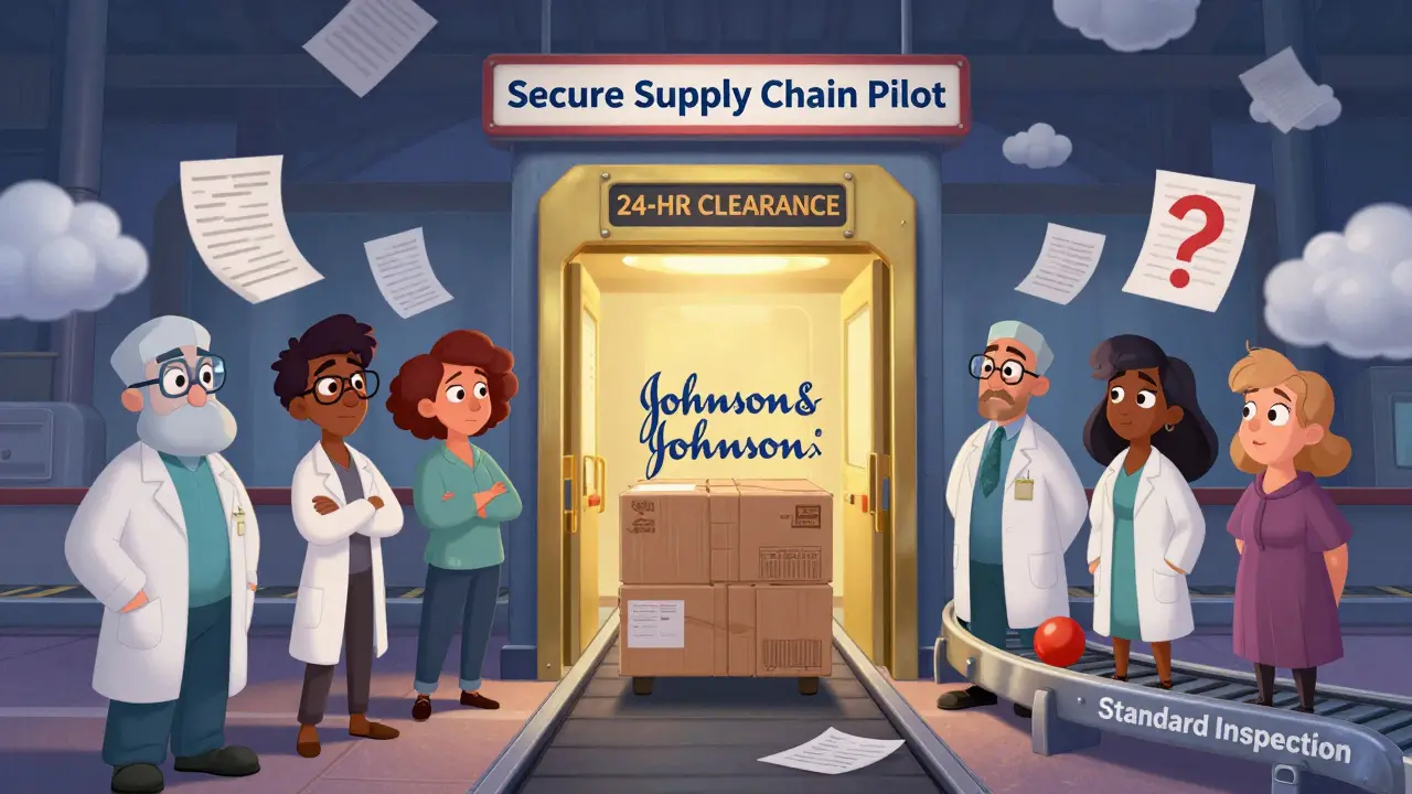 Diverse pharmaceutical workers waiting at a customs gate, with one shipment speeding through a golden portal.