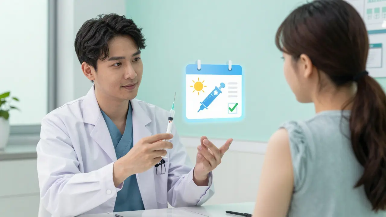Doctor and patient discussing vaccination with symbolic calendar in clinic