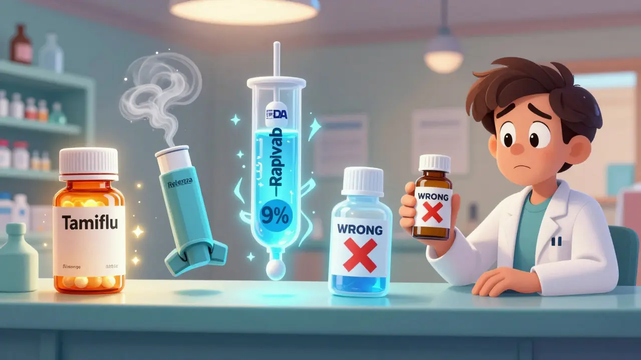 Four antiviral medications depicted as glowing magical potions on a pharmacy counter, with a confused patient holding the wrong antibiotic, in Disney cartoon style.