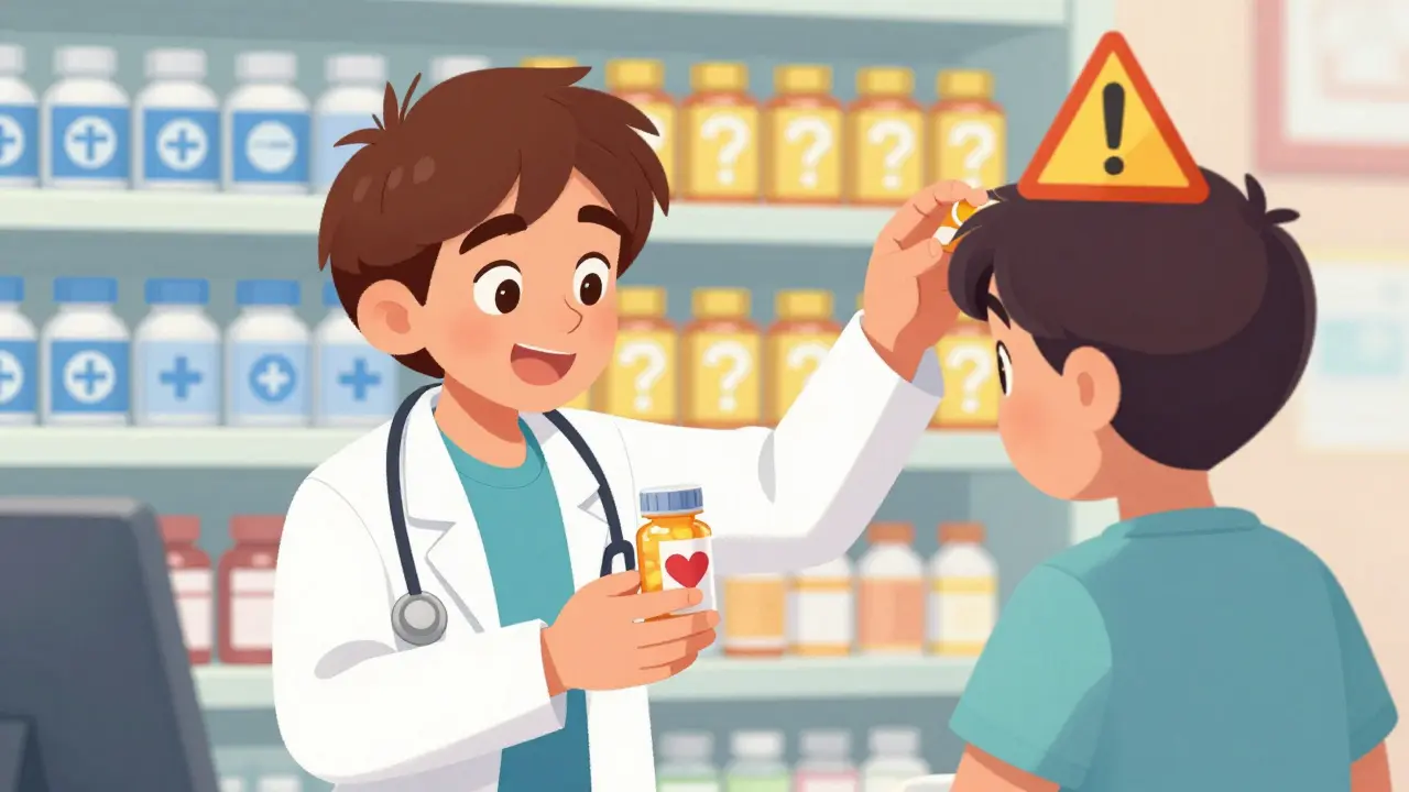 Prescription fish oil bottle handed to patient while OTC supplements have caution symbol.