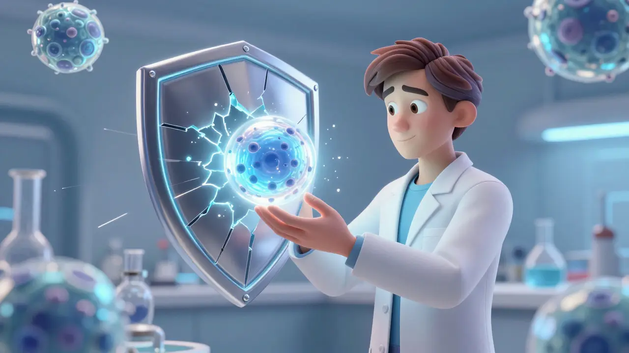 Scientist using glowing orb to repair shield with cell shapes