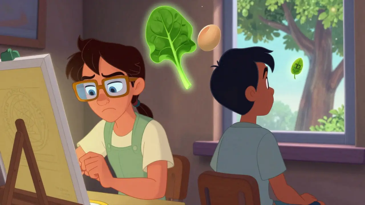 Two people side by side: one in yellow-tinted glasses struggling with color, the other relaxed, looking out a window with a floating spinach leaf.