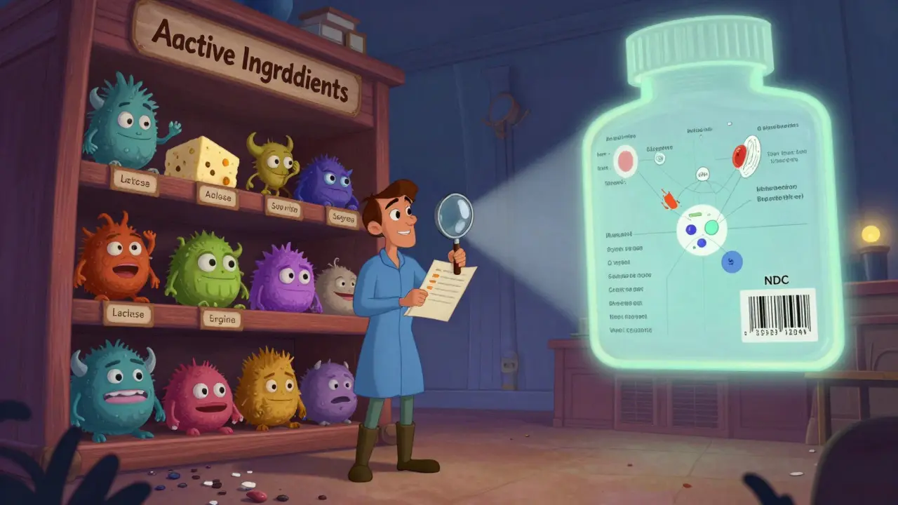 A patient standing before a shelf of hidden allergen creatures, with a glowing barcode projecting a full ingredient map on the wall.