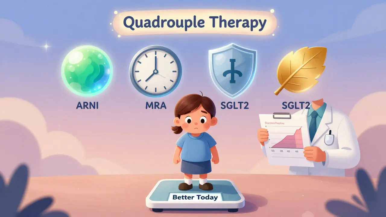 A patient standing on a scale with four glowing medicine orbs above, showing improved heart function.