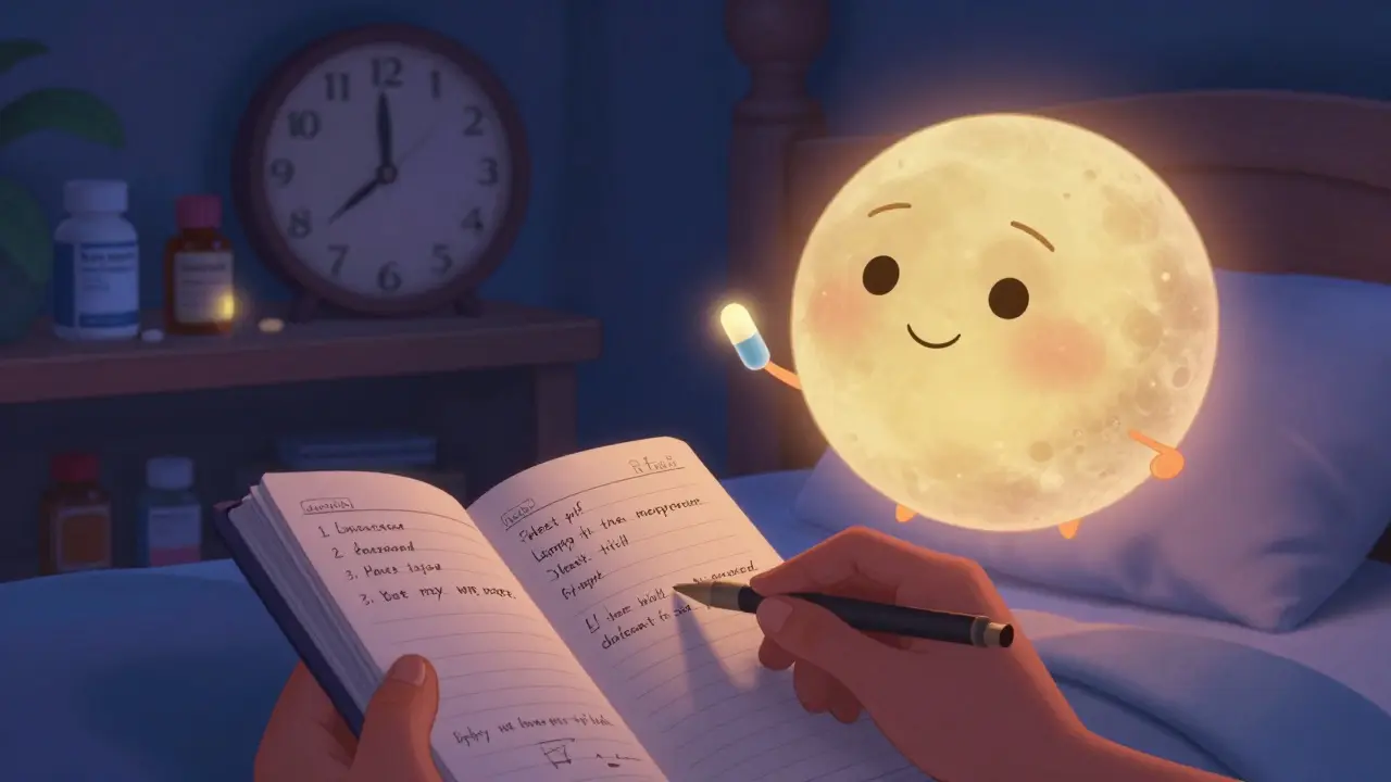 A person holding a sleep diary as a friendly melatonin moon offers a glowing capsule to restore rest.