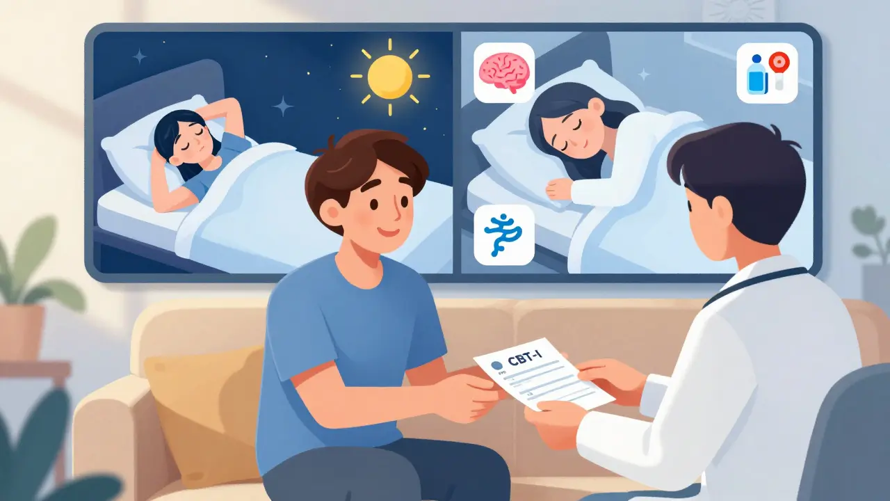 A person smiling in morning light with a CBT-I referral, showing before-and-after sleep scenes.