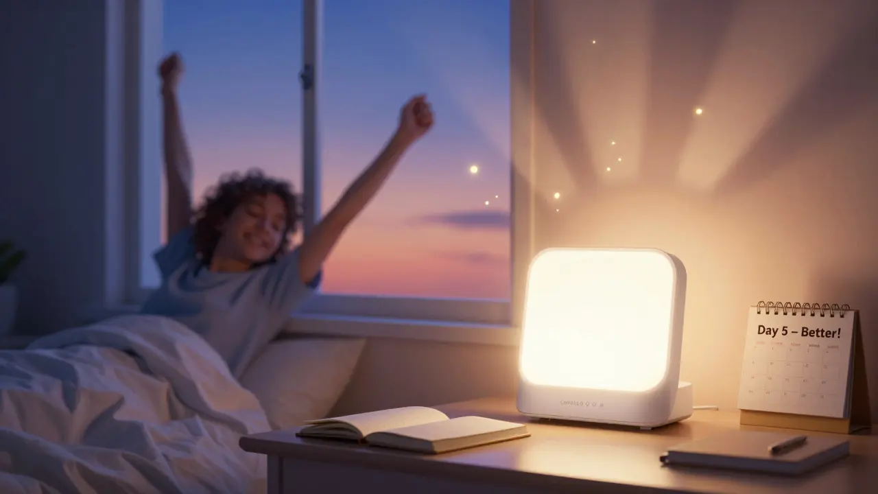 A person waking up as a dawn-simulating light box brightens the room, sunlight spilling gently through the window.