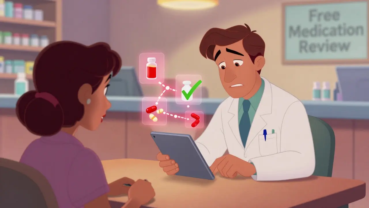 A pharmacist using a tablet to detect dangerous drug interactions, with glowing warning icons and a green checkmark for a safer alternative.
