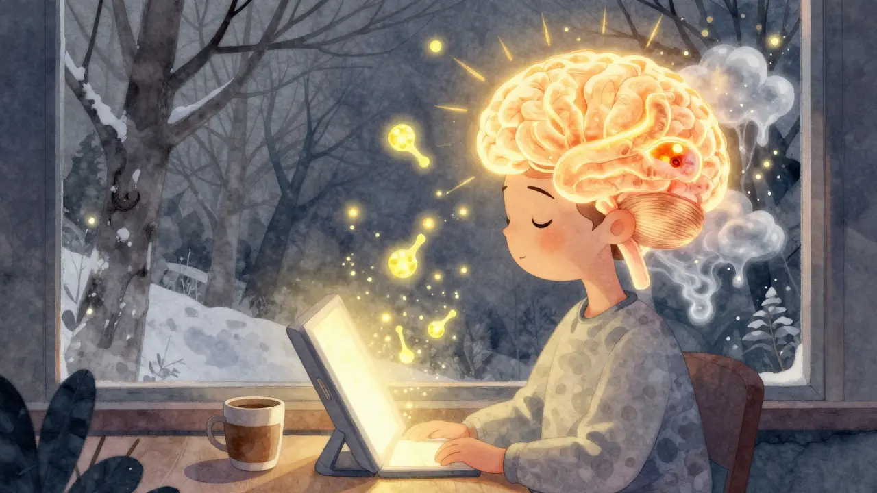 An artistic X-ray view of a brain glowing with serotonin as melatonin fades, bathed in therapeutic light.