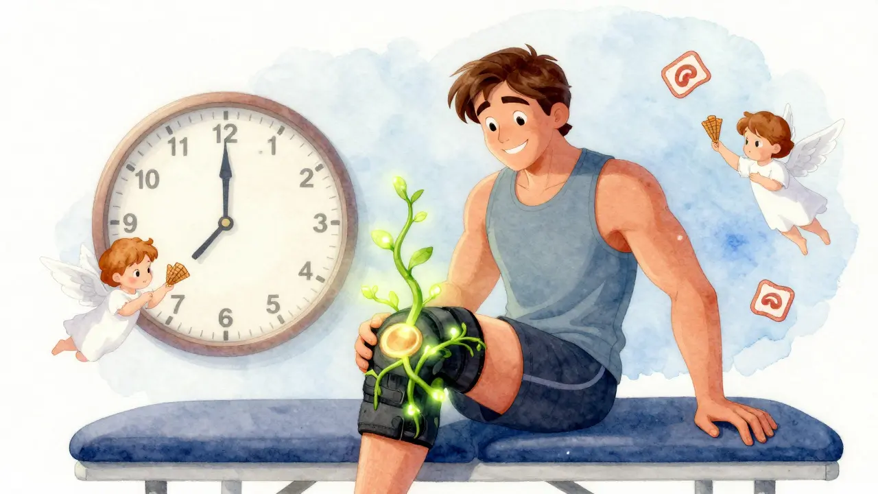 An athlete in rehab with healing vines growing from their knee, guided by floating grafts and a ticking clock.