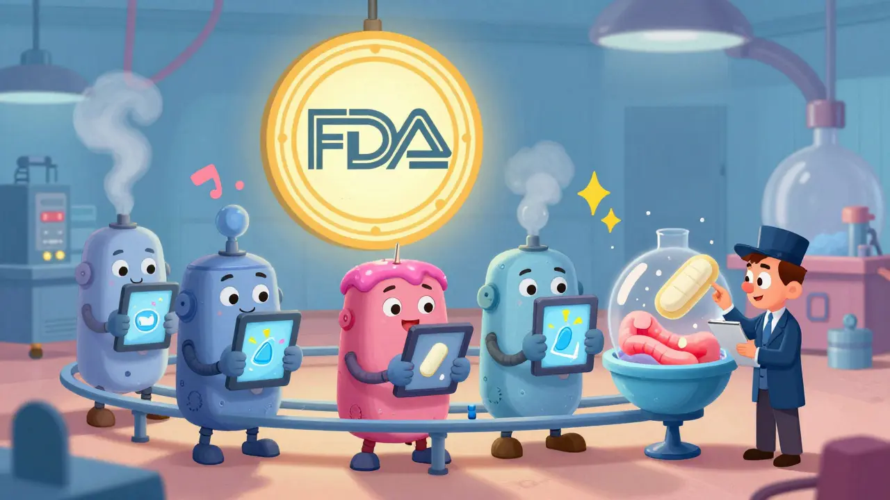 Animated tablets moving along a cheerful factory line with an FDA inspector checking quality.