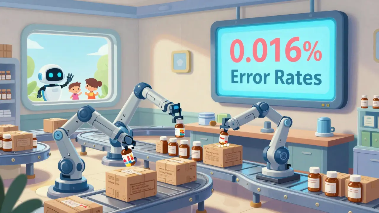 Automated pharmacy warehouse with robotic arms sorting pill bottles, conveying efficiency and low error rates in a whimsical, Disney-style illustration.