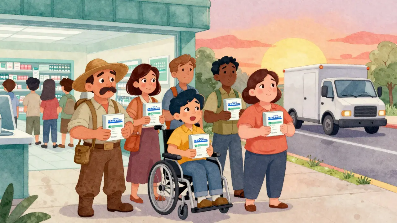 Diverse individuals happily holding mail-order meds, contrasted with a busy pharmacy line, symbolizing convenience and accessibility in a warm, storybook style.
