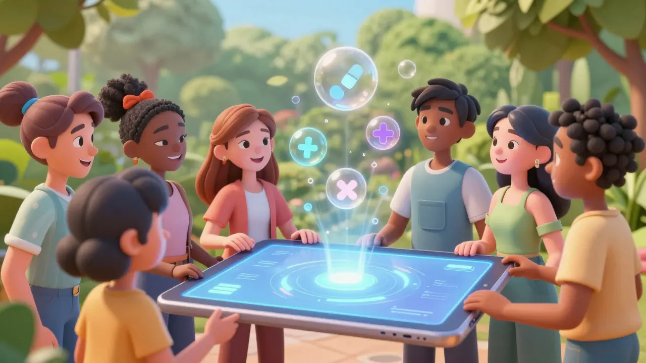 Diverse team using a tablet to access digital medical guidelines