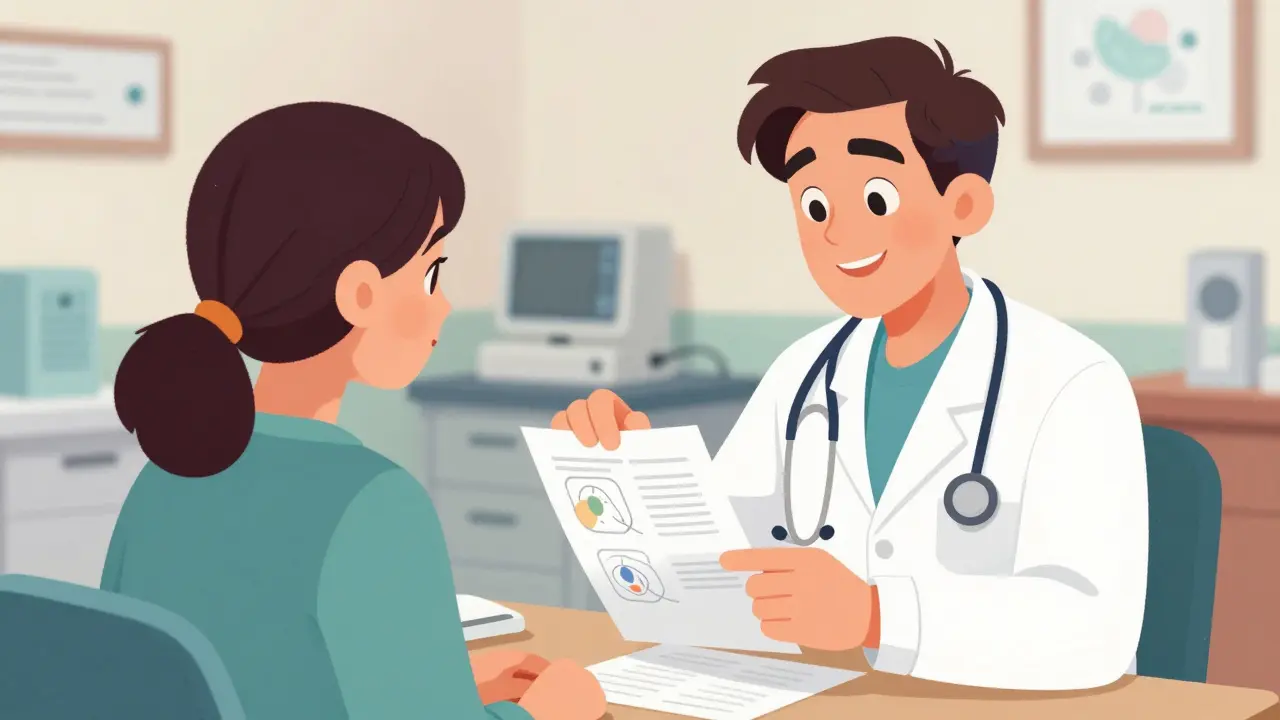 Doctor and patient review medical documents together in a consultation room