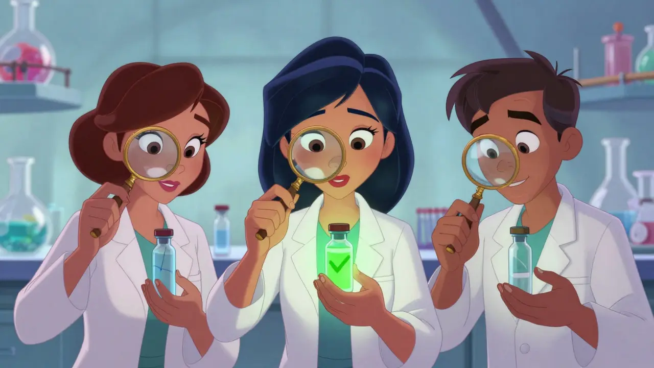 Laboratory experts reviewing generic medicines for safety and quality