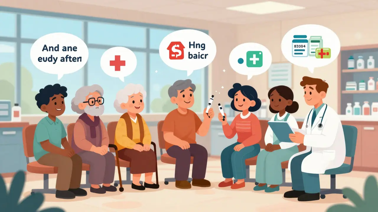 Multiple patients receiving personalized medication consultations in private pharmacy rooms, with thought bubbles showing improved health outcomes.