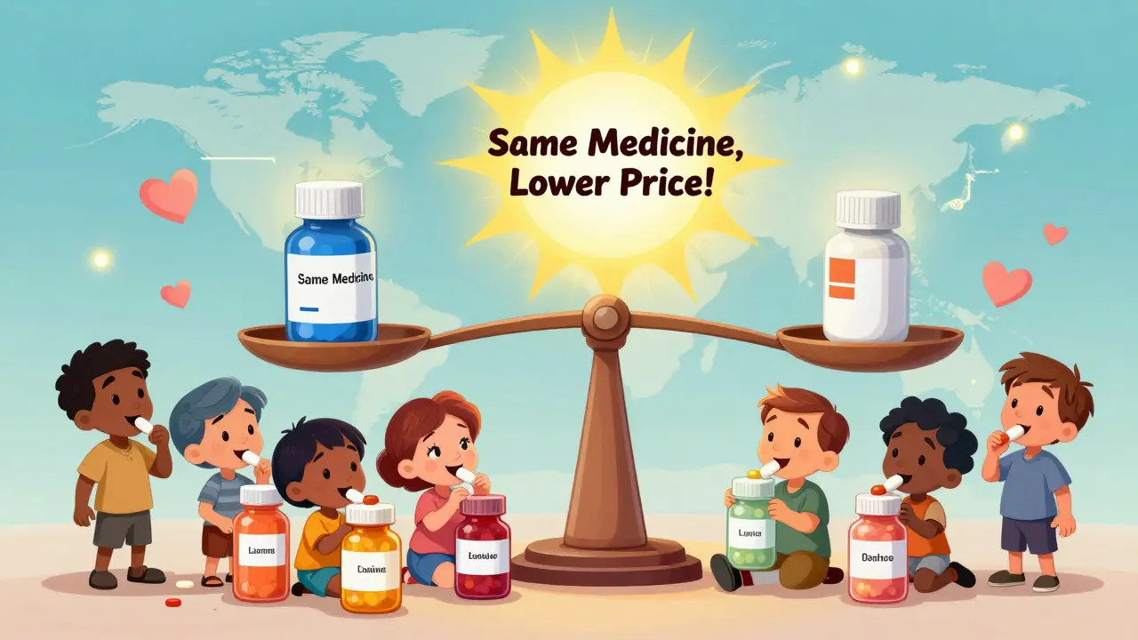 Patients taking generic pills while a scale balances generic and brand drugs, showing equal value.