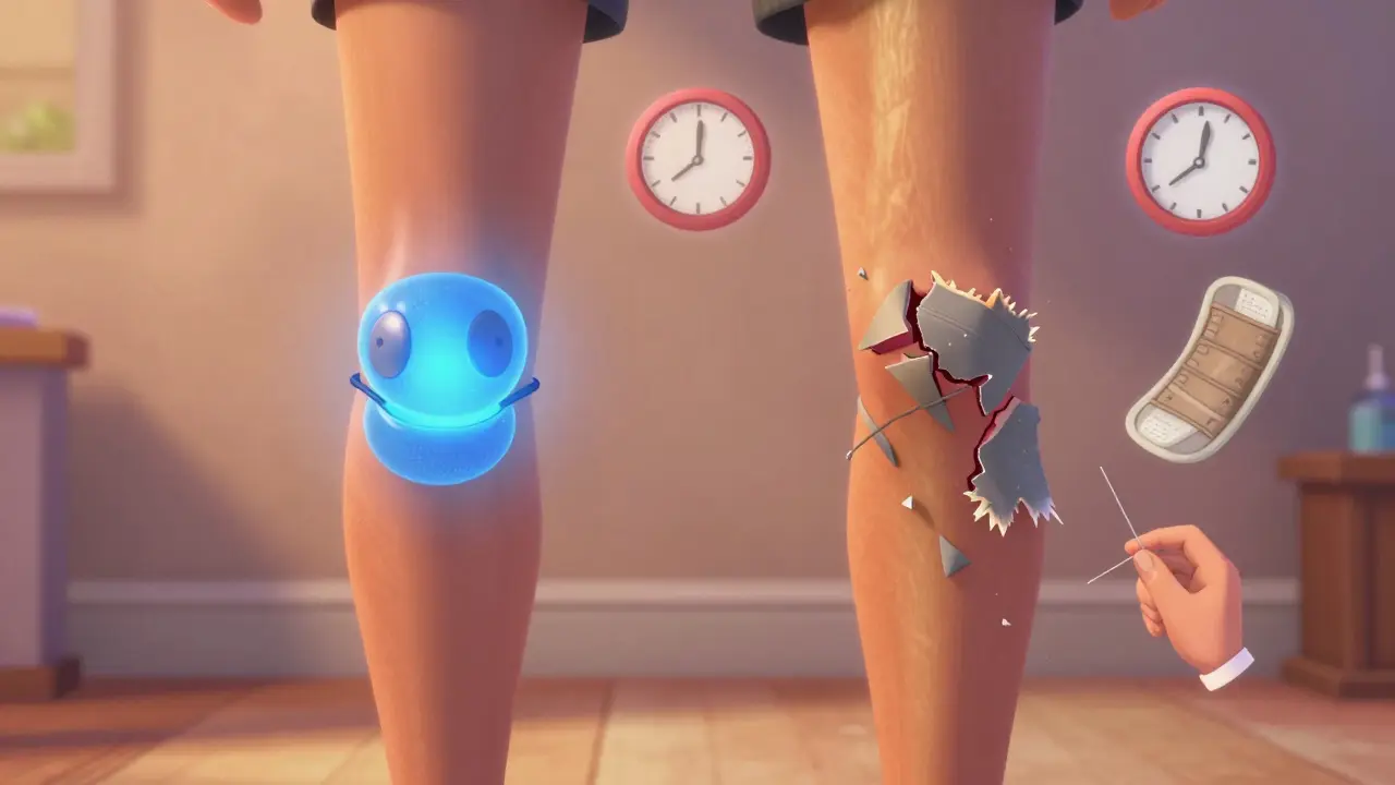 Side-by-side comparison of a healthy and injured knee with glowing ligaments and cartilage in cartoon style.