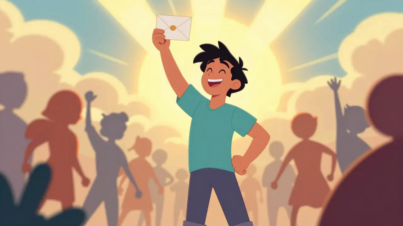 Smiling patient holds approval envelope with sunlight streaming behind them