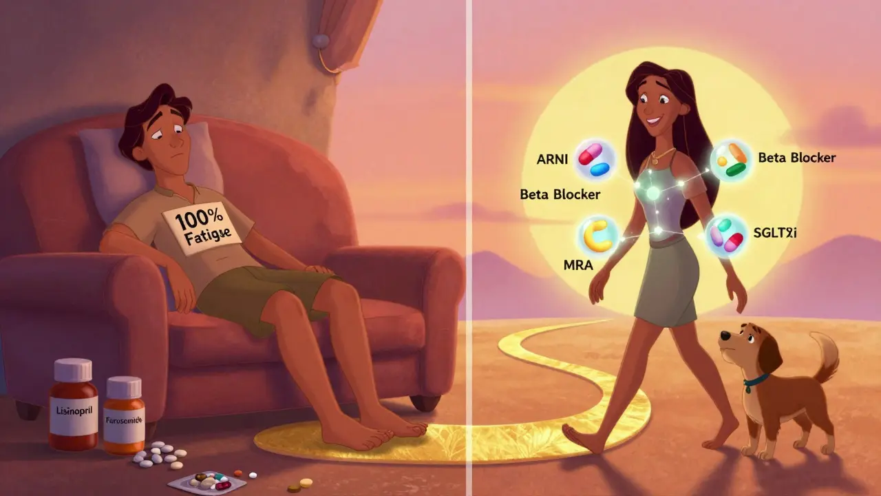 Split scene: a tired patient on left, same person walking a dog happily on right with four medicine orbs.