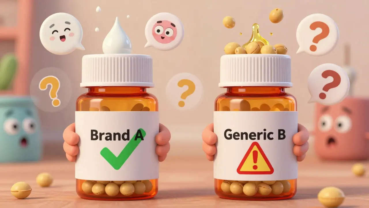 Two identical pill bottles spilling different allergens, one safe and one dangerous, with expressive character faces showing concern.