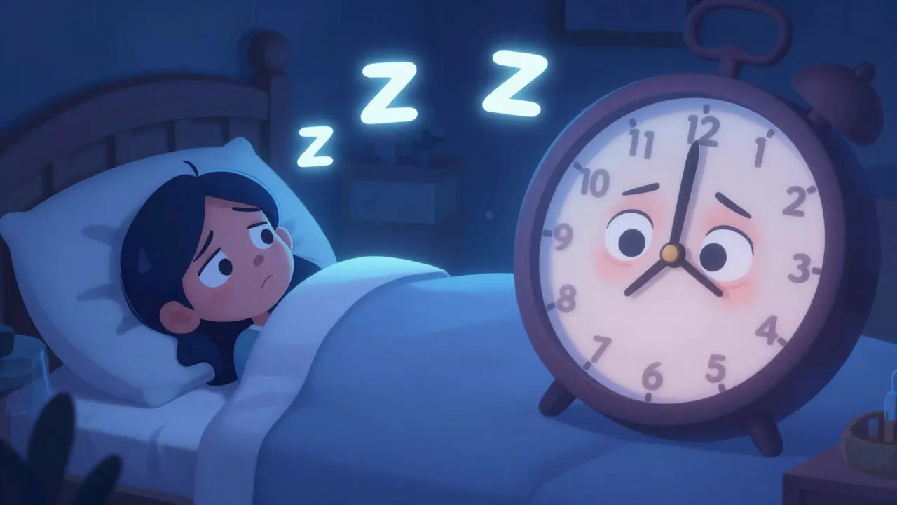 A Disney style character tossing and turning in bed under blue moonlight, appearing exhausted.