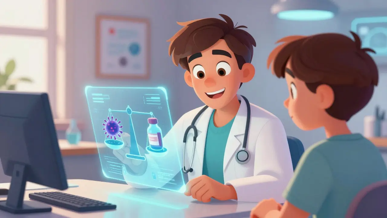 A doctor and patient viewing a holographic balance scale between a virus and medicine.