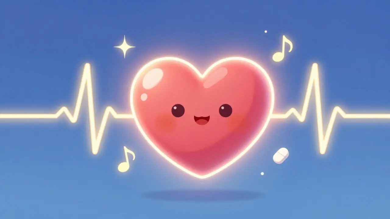 A friendly stylized heart surrounded by glowing musical notes and medication.