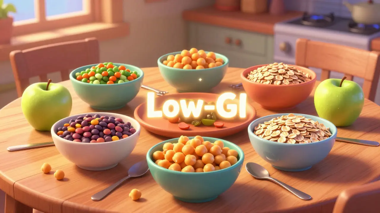 A vibrant spread of low-GI foods including lentils, chickpeas, apples, and oats on a wooden table.