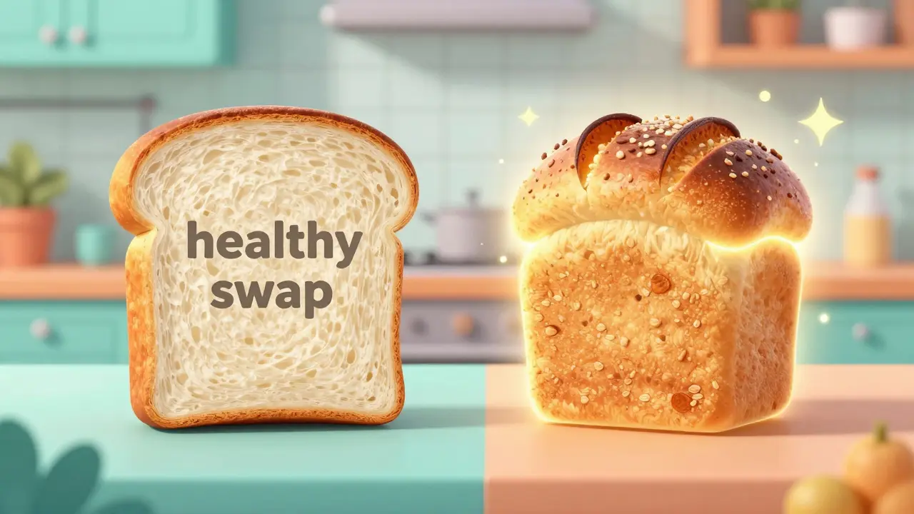A visual swap comparing a plain white bread slice to a glowing piece of sprouted grain sourdough.