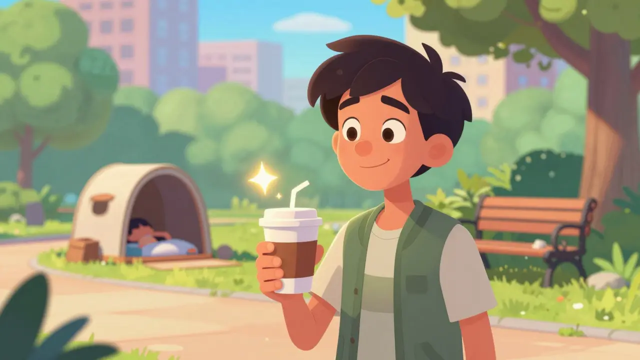 An alert and happy Disney style character in a sunny park, symbolizing successful narcolepsy management.