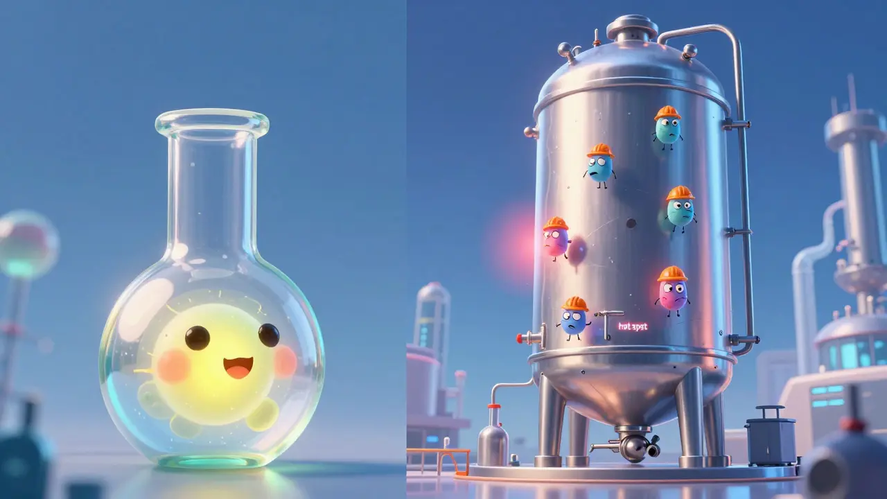 Comparison between a small lab flask and a massive industrial bioreactor with tiny cell characters.