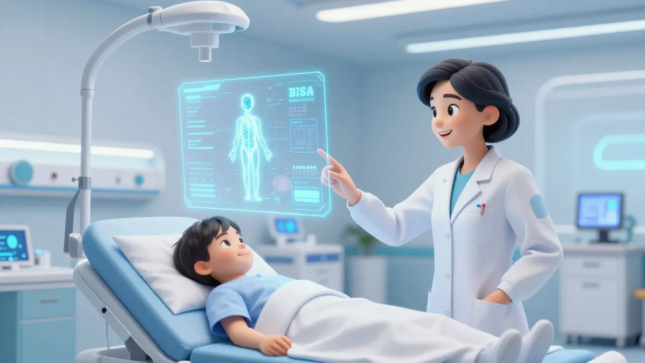 Doctor using a holographic interface for precise pediatric dosing in a futuristic Disney style ward.